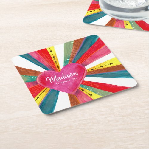 Cute rainbow colourful pink heart square paper coaster