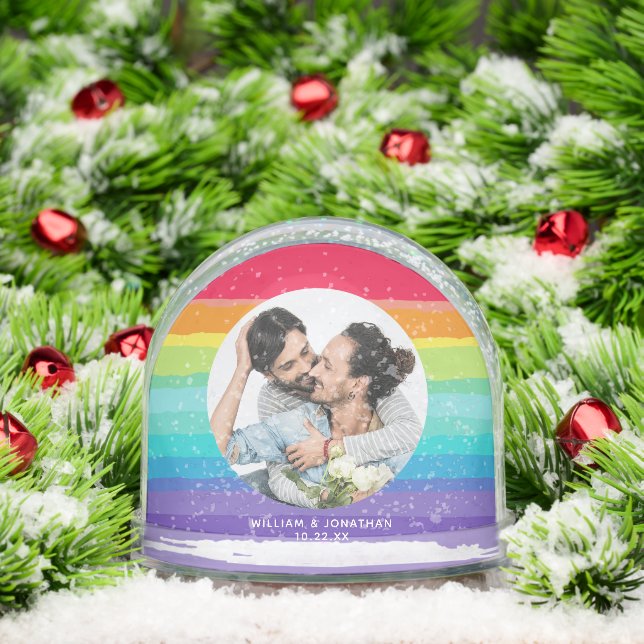 Cute Rainbow Couple Photo Christmas Snow Globe (Christmas)