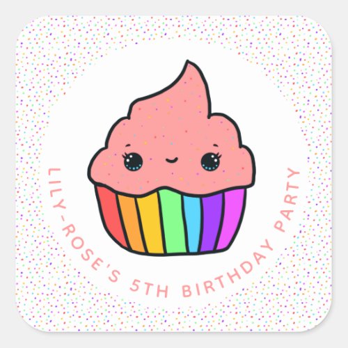 Cute Rainbow Cupcake Birthday Party Square Sticker