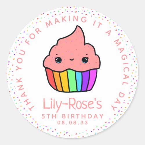 Cute Rainbow Cupcake Birthday Party Thank You Classic Round Sticker
