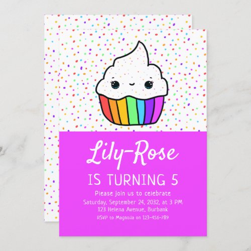 Cute Rainbow Cupcake Sprinkles 5th Birthday Party Invitation