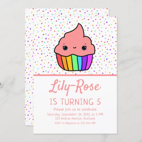 Cute Rainbow Cupcake Sprinkles 5th Birthday Party Invitation