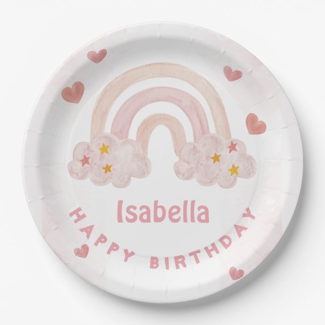 Cute Rainbow Custom Name Happy Birthday  Paper Plates (Front)