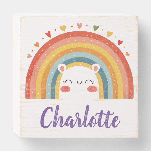 Cute Rainbow Customizable Name Wooden Box Sign (Front Horizontal)