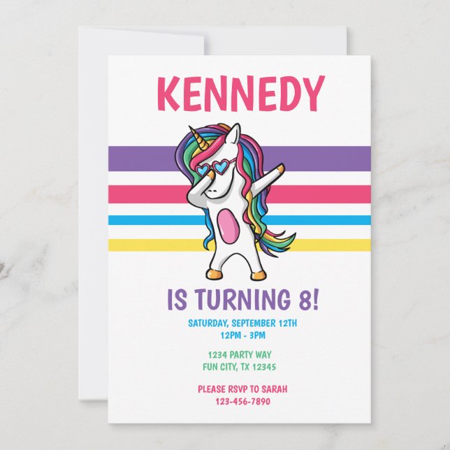 Cute Rainbow Dabbing Unicorn Girls Birthday Party Invitation (Front)