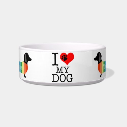 Cute Rainbow Dachshund Monogram I Love my Dog Bowl