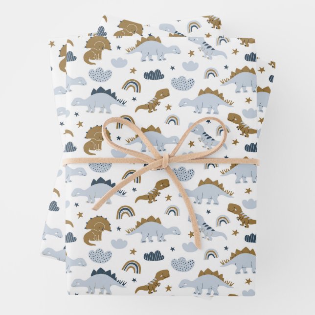 Cute Rainbow Dinosaur Pattern Wrapping Paper Sheets (In situ)