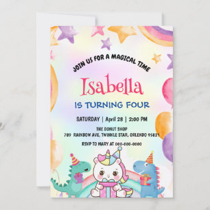Cute Rainbow Dinosaur Unicorn Birthday Party Invitation