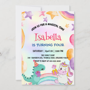 Cute Rainbow Dinosaur Unicorn Birthday Party Invitation