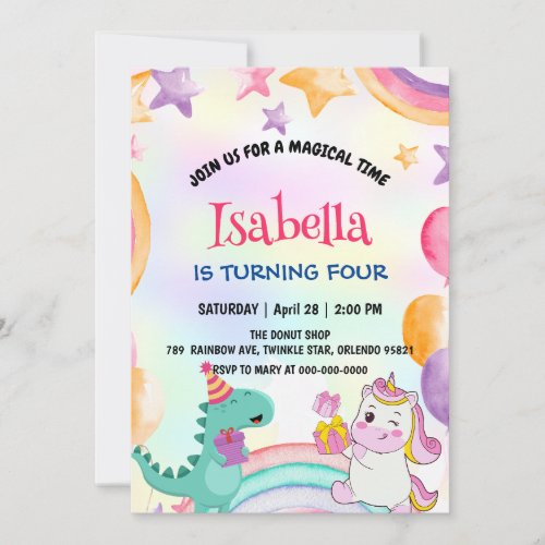 Cute Rainbow Dinosaur Unicorn Birthday Party  Invitation