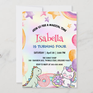 Cute Rainbow Donuts Dino Unicorn Birthday Party Invitation
