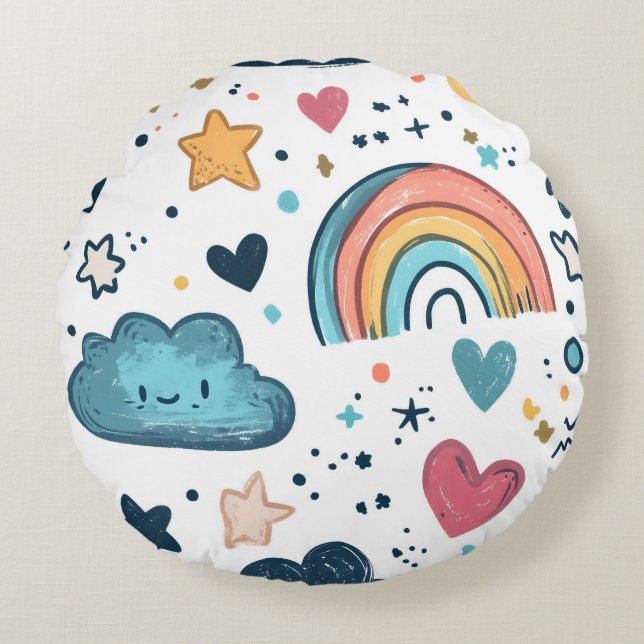 Cute Rainbow Doodle Pattern with Clouds and Stars Round Pillow (Front)