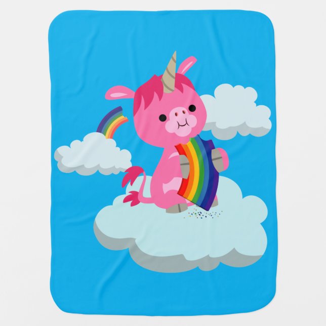Cute Rainbow-Eating Cartoon Unicorn Baby Blanket (Front)