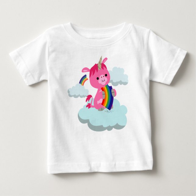 Cute Rainbow-Eating Cartoon Unicorn Baby T-Shirt (Front)