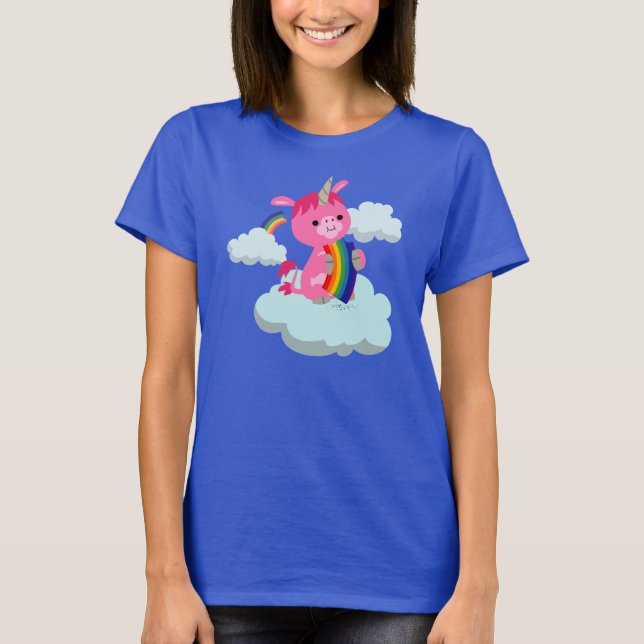 Cute Rainbow-Eating Cartoon Unicorn Women T-Shirt (Front)