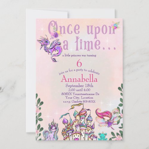 Cute Rainbow Fairy Tale Unicorn and Castle Invitation