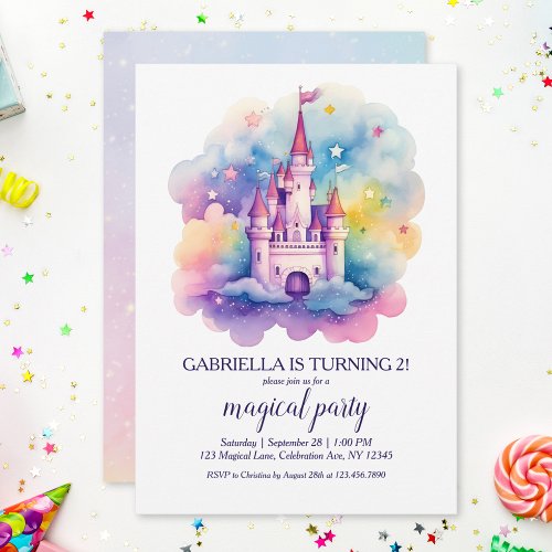 Cute Rainbow Fairytale Castle Girls Birthday Party Invitation
