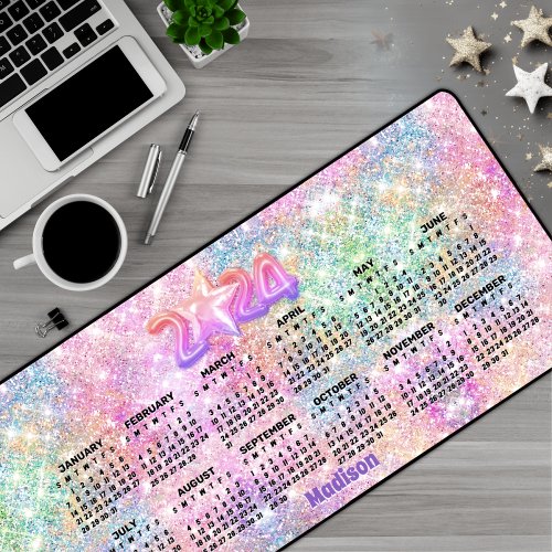 Cute rainbow faux glitter Monogram 2024 calendar  Desk Mat