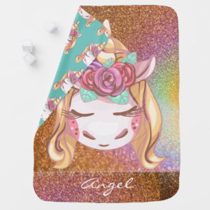 Cute Rainbow Faux Glitter Unicorn Snowflake Baby Blanket