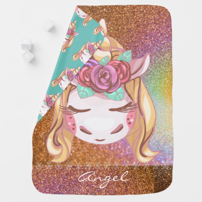 Cute Rainbow Faux Glitter Unicorn Snowflake Baby Blanket (In Situ)