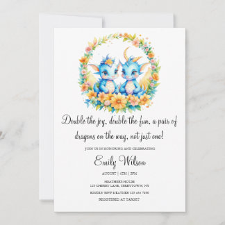 CUTE RAINBOW FLORAL BABY DRAGONS TWINS BABY SHOWER INVITATION