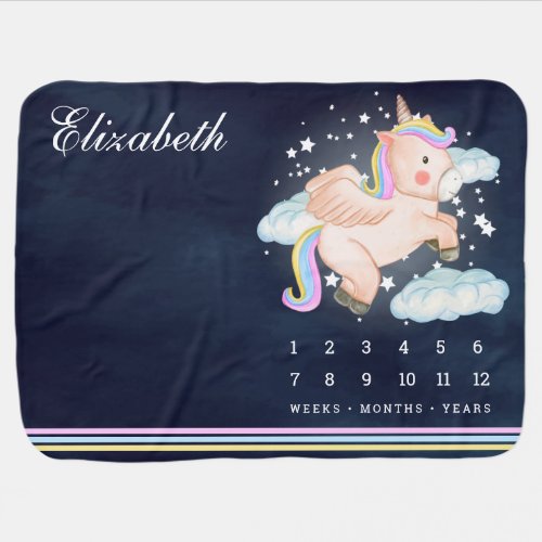 Cute Rainbow Flying Unicorn Navy Blue Milestone  Baby Blanket