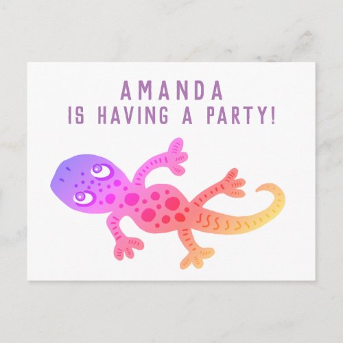 Cute Rainbow Gecko Lizard Birthday Party Invitation Postcard