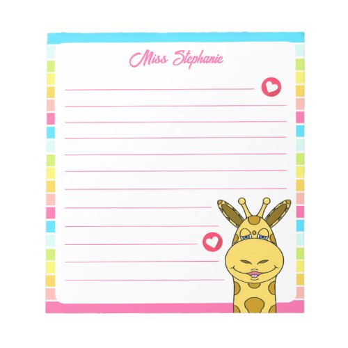 Cute Rainbow Giraffe With Hearts Teacher Name  Notepad