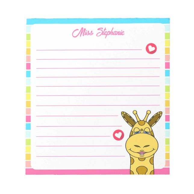 Cute Rainbow Giraffe With Hearts Teacher Name  Notepad (Front)