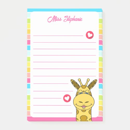 Cute Rainbow Giraffe With Hearts Teacher Name  Post_it Notes