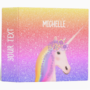 Cute Rainbow Glitter Unicorn Personalized 3 Ring Binder