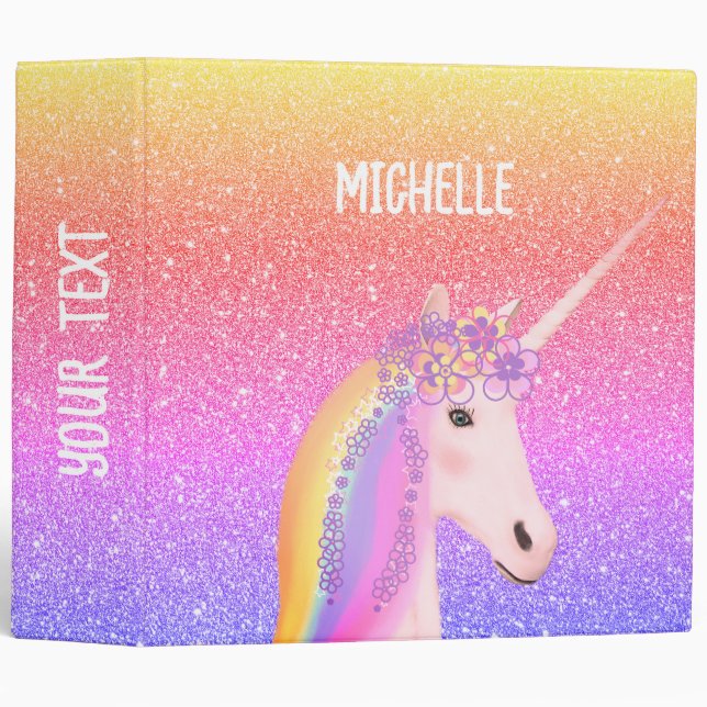 Cute Rainbow Glitter Unicorn Personalized 3 Ring Binder (Front/Spine)