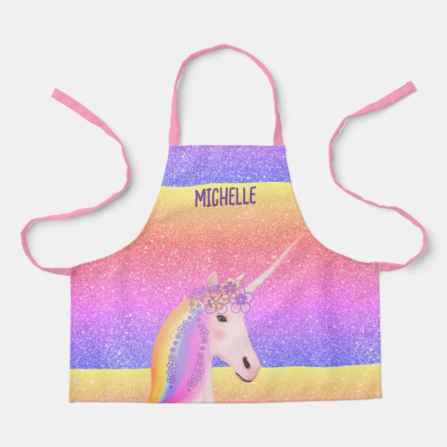 Cute Rainbow Glitter Unicorn Personalized Kids Apron (Front)