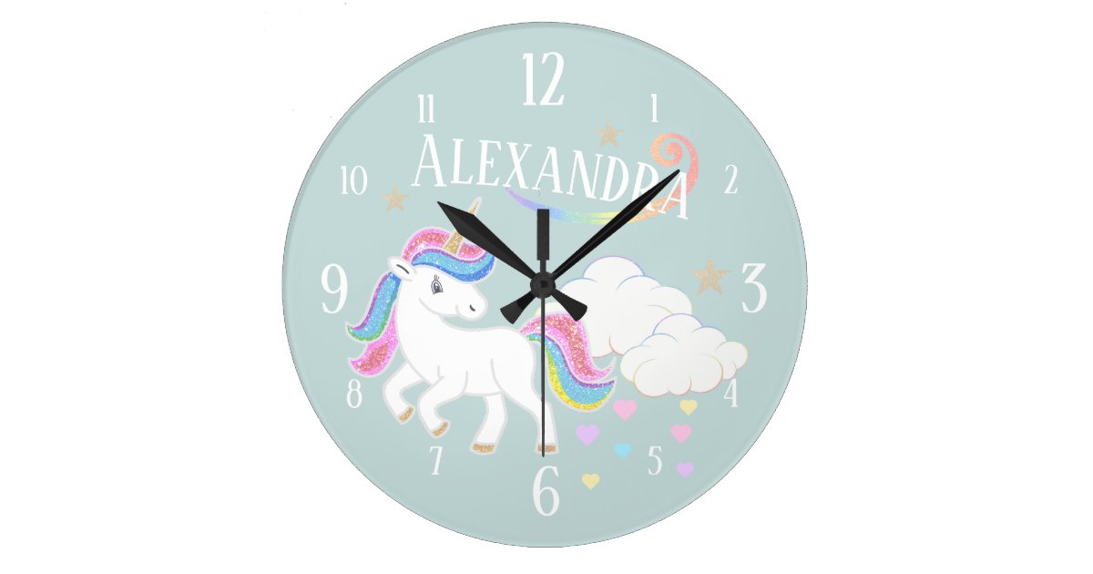 Cute Rainbow Glitter Unicorn Stars And Hearts Large Clock Zazzle