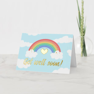 Cute Rainbow Gold Foil Heart Get Well Soon Foil Greeting Card