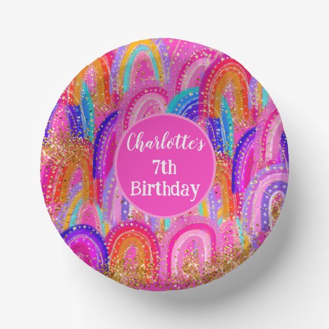 Cute Rainbow Gold Glitter 7th Birthday Paper Bowls (Front)