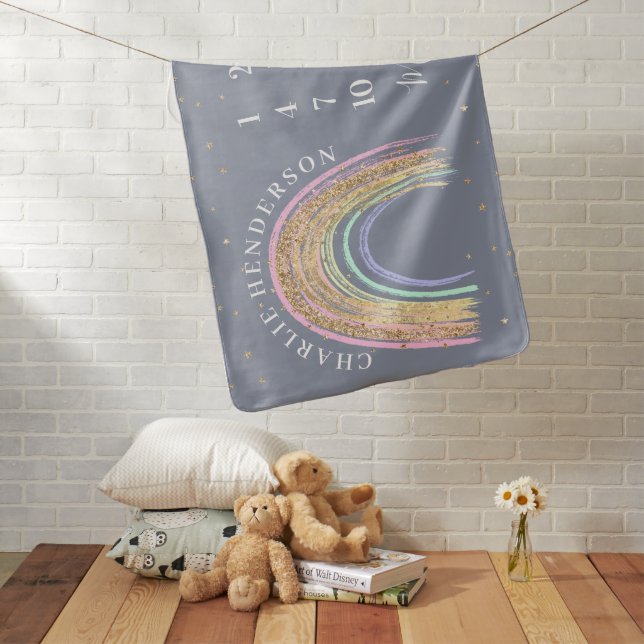 Cute Rainbow & Gold Star Baby Month Milestone Baby Blanket (In Situ)