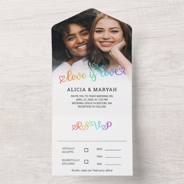 Cute Rainbow Gradient Love Is Love Wedding All In One Invitation (Inside)