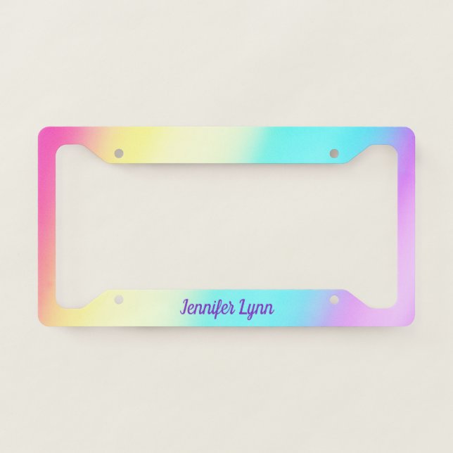 Cute Rainbow Gradient Pretty Purple Monogram License Plate Frame (Front)