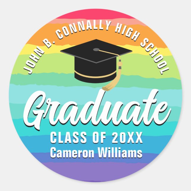 Cute Rainbow Graduate Custom LGBTQ Graduation Classic Round Sticker (Front)