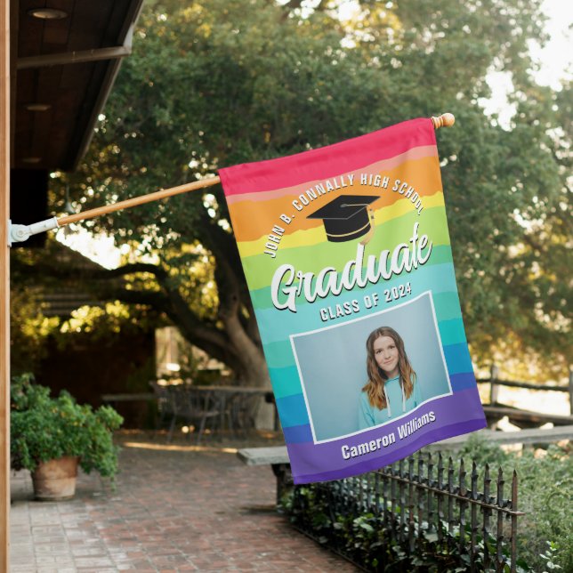 Cute Rainbow Graduate Photo LGBTQ Graduation House Flag (In SItu)