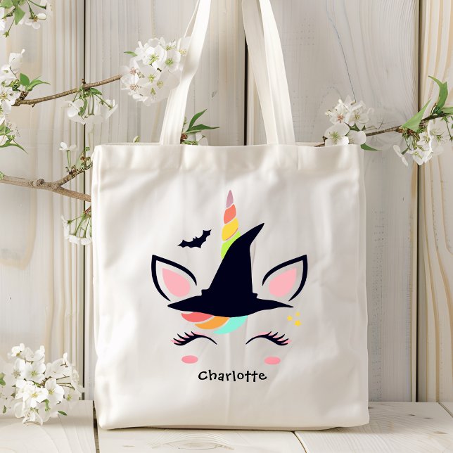 Cute Rainbow Halloween Unicorn Personalized Name Tote Bag (Creator Uploaded)