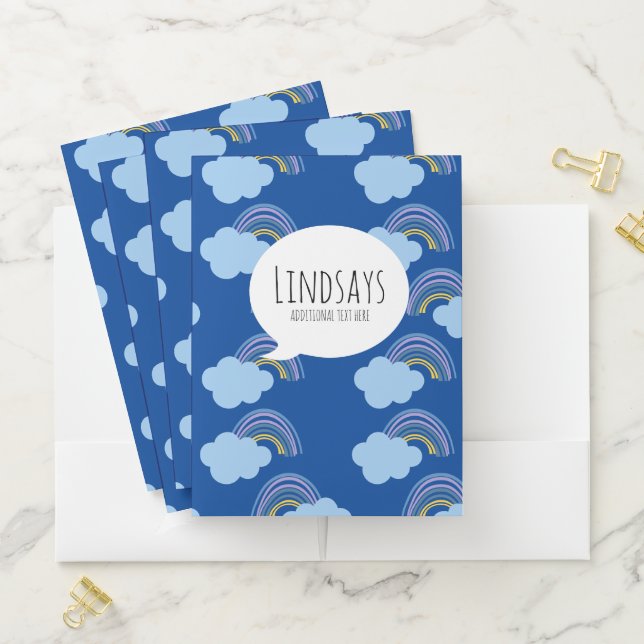 Cute Rainbow Hand Drawn Ray Blue Pocket Folder (In Situ)
