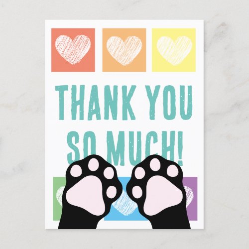 Cute Rainbow Heart Black Cat Paws Thank You Postcard