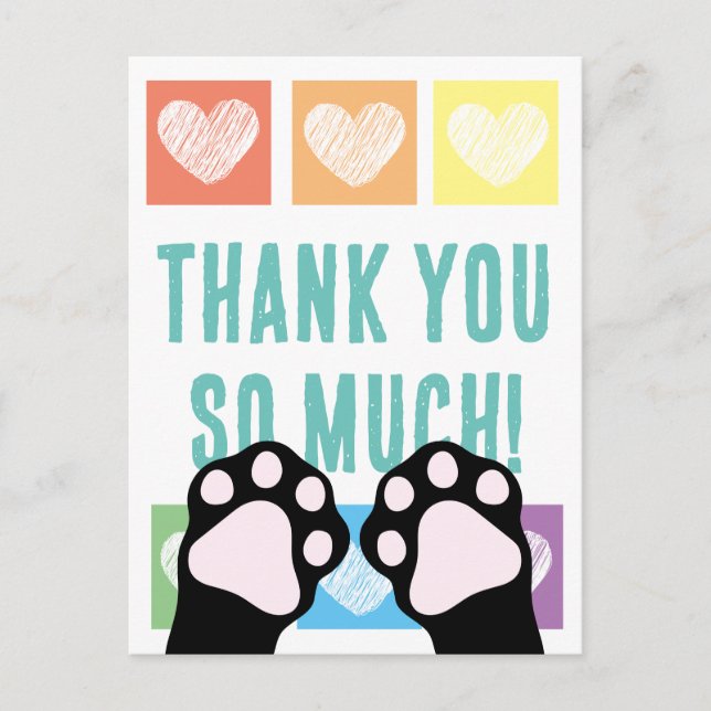 Cute Rainbow Heart Black Cat Paws Thank You Postcard (Front)
