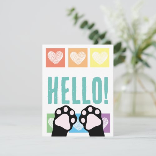 Cute Rainbow Heart Black Cat Paws Up Hello Note Card