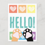 Cute Rainbow Heart Calico Cat Paws Hello Postcard
