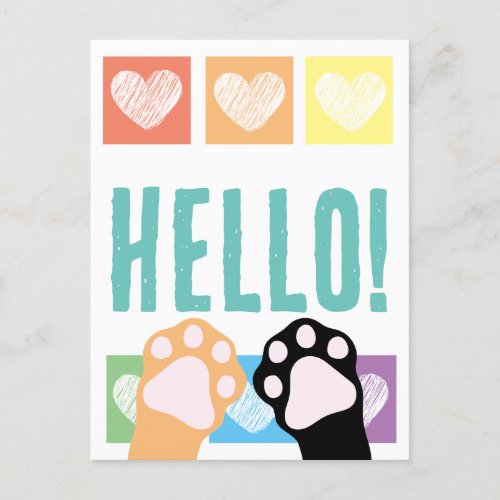 Cute Rainbow Heart Calico Cat Paws Hello Postcard