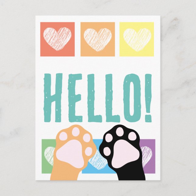 Cute Rainbow Heart Calico Cat Paws Hello Postcard (Front)