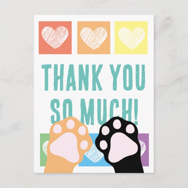 Cute Rainbow Heart Calico Cat Paws Thank You Postcard (Front)